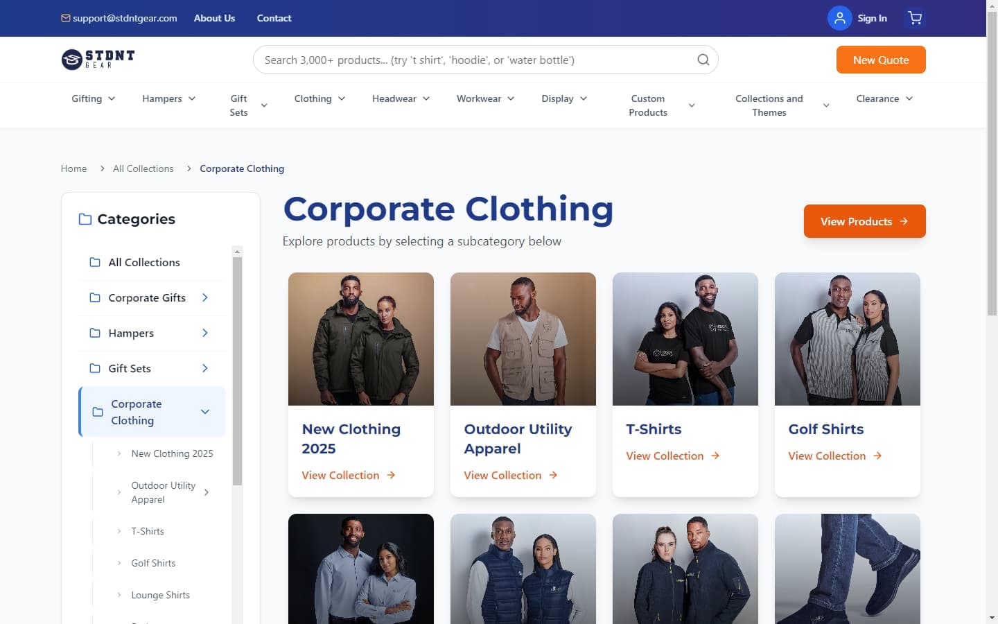 Corporate clothing category page with hierarchical sidebar navigation