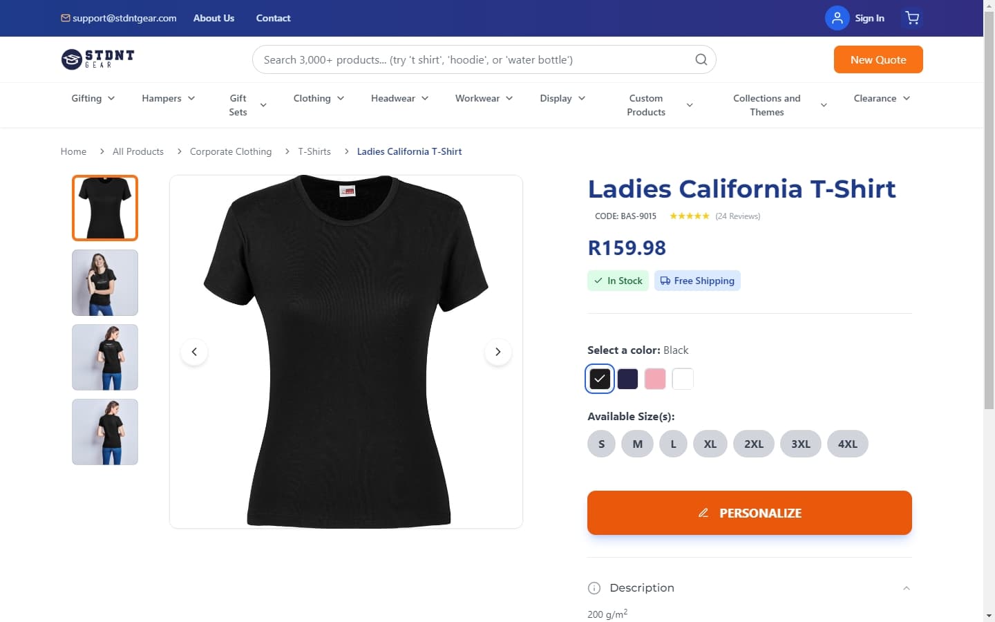 Product detail page for Ladies California T-Shirt with colour swatches and size selector