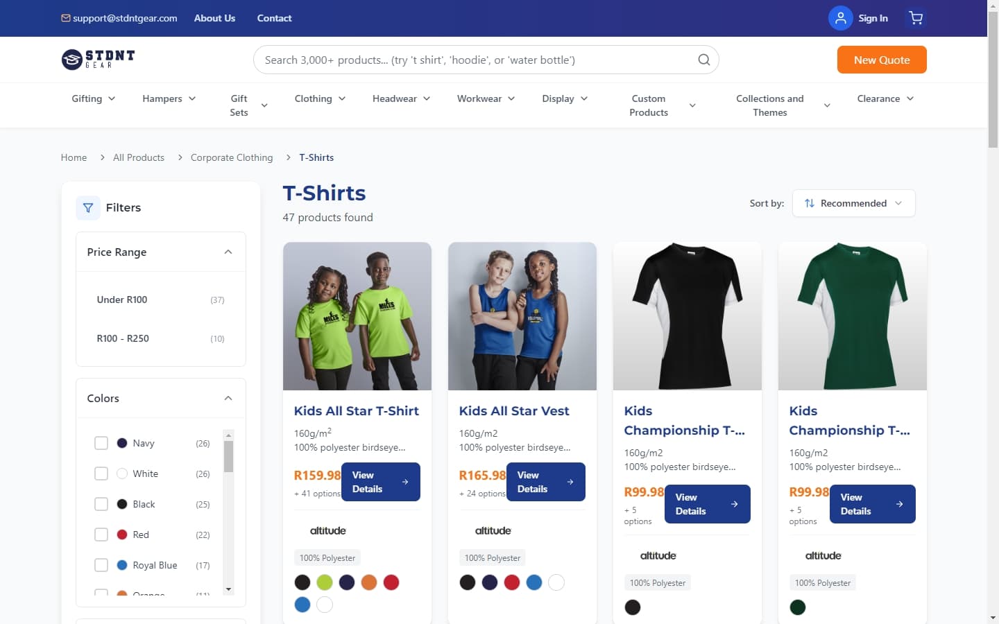 T-Shirts product listing with price and colour facet filters, sort control, and a grid of synced catalogue products