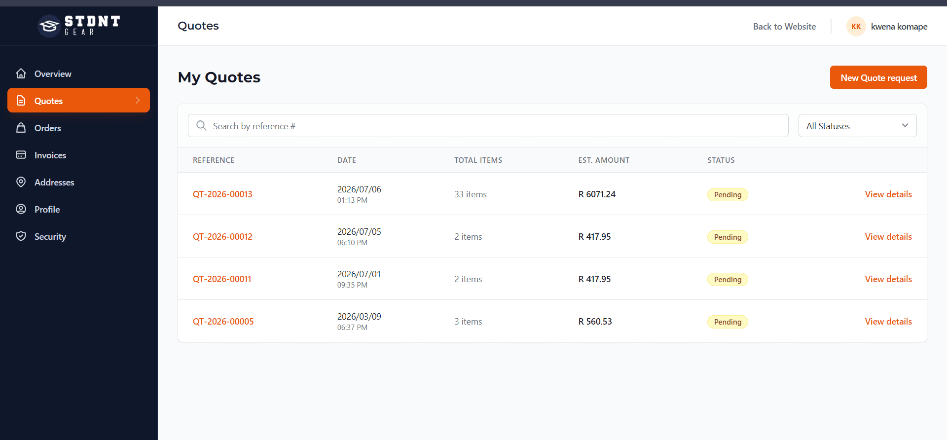 Customer portal quotes dashboard listing pending quote requests with amounts