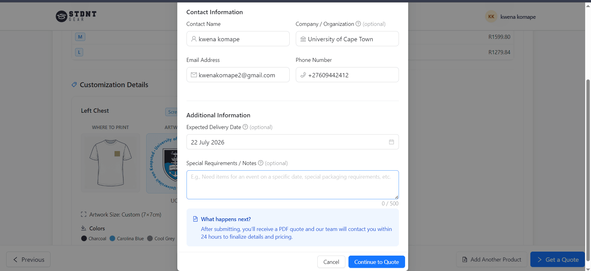 Contact information modal pre-filled from the customer profile before quote submission