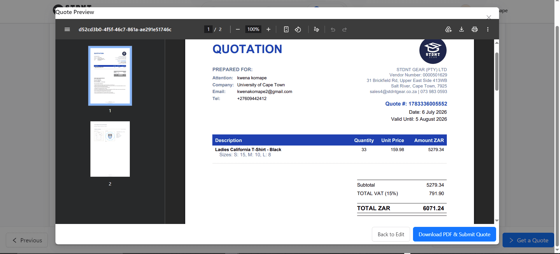 PDF quote preview modal with branded quotation document and line items