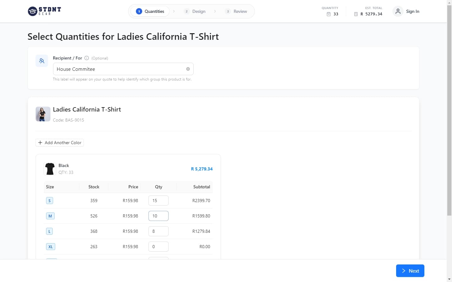 Quote quantities step with per-size stock levels and running subtotal