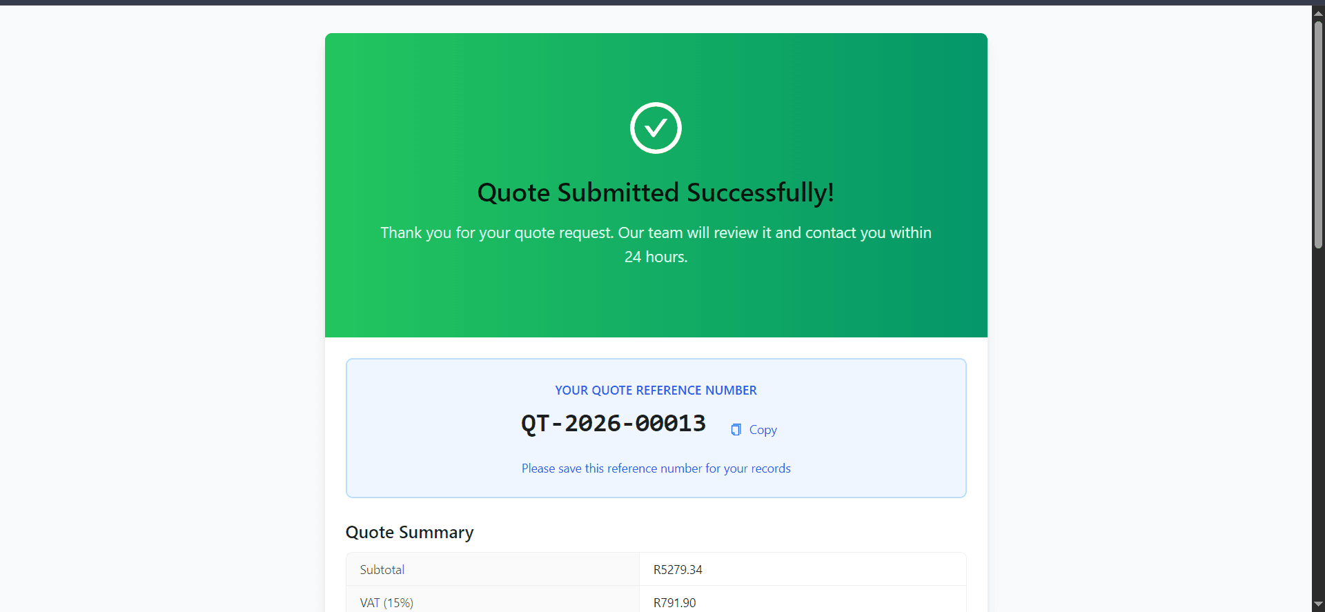 Quote submitted success screen with reference number QT-2026-00013