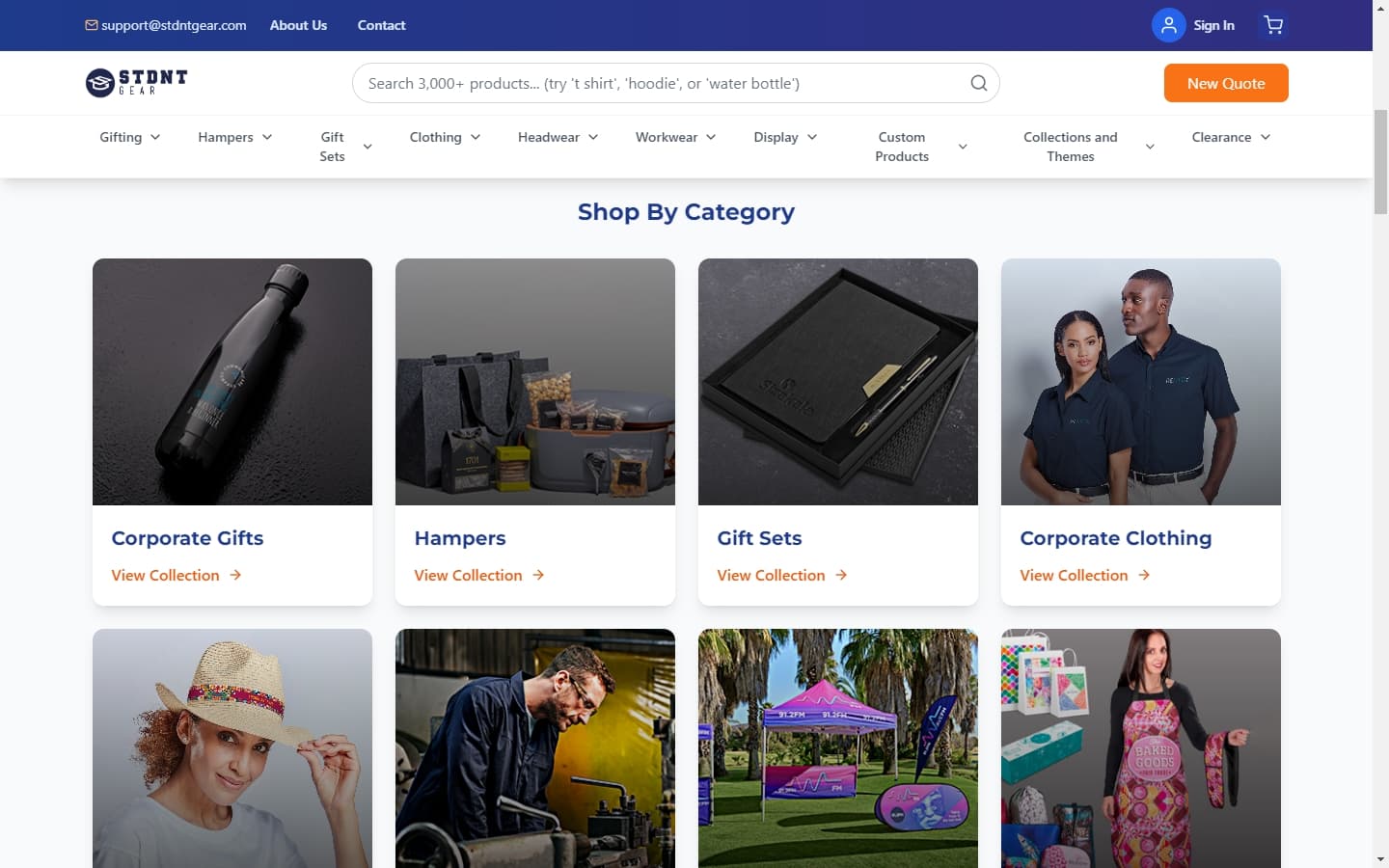 Shop by category grid showing corporate gifts, clothing, headwear, and workwear collections