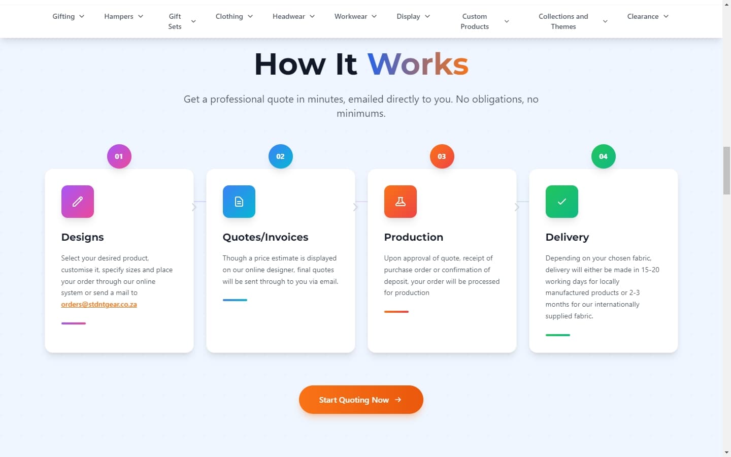 How it works section explaining the four-step quote process from design to delivery