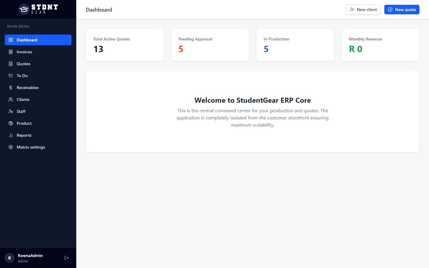 STDNT GEAR ERP dashboard with active quote metrics and operations sidebar