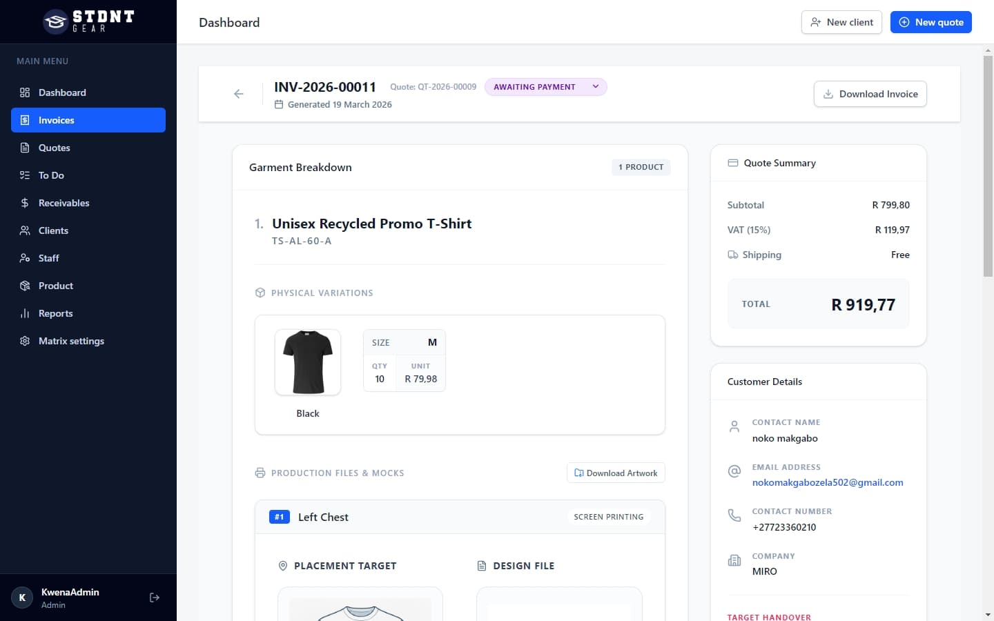 Invoice detail with awaiting payment status, garment breakdown, and quote summary