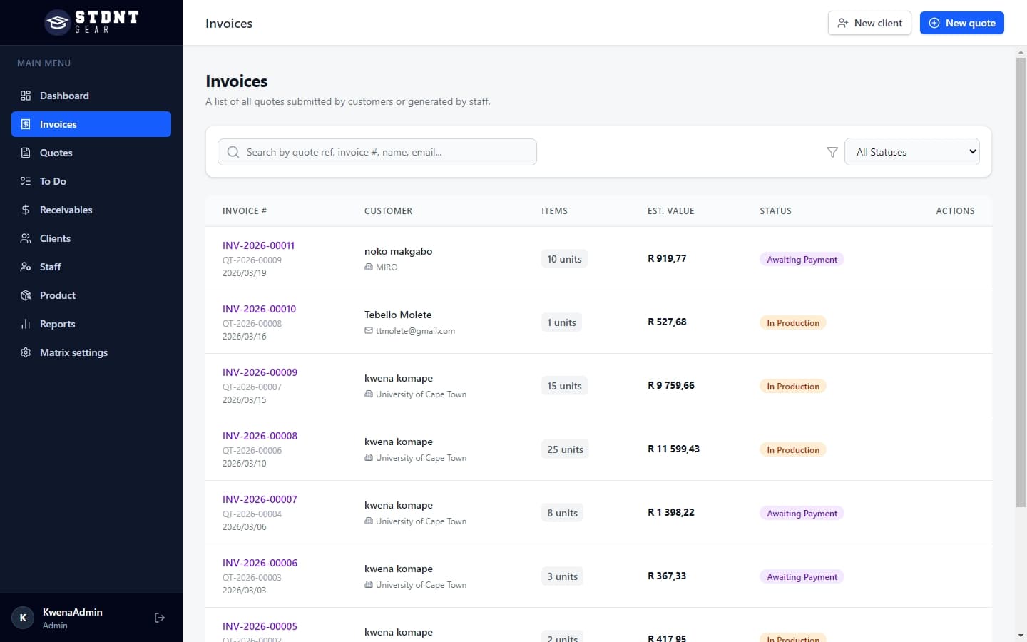 Invoices list showing awaiting payment and in production statuses
