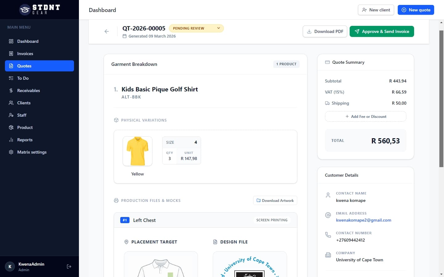 Quote detail showing garment breakdown, print position mockups, artwork preview, and pricing summary