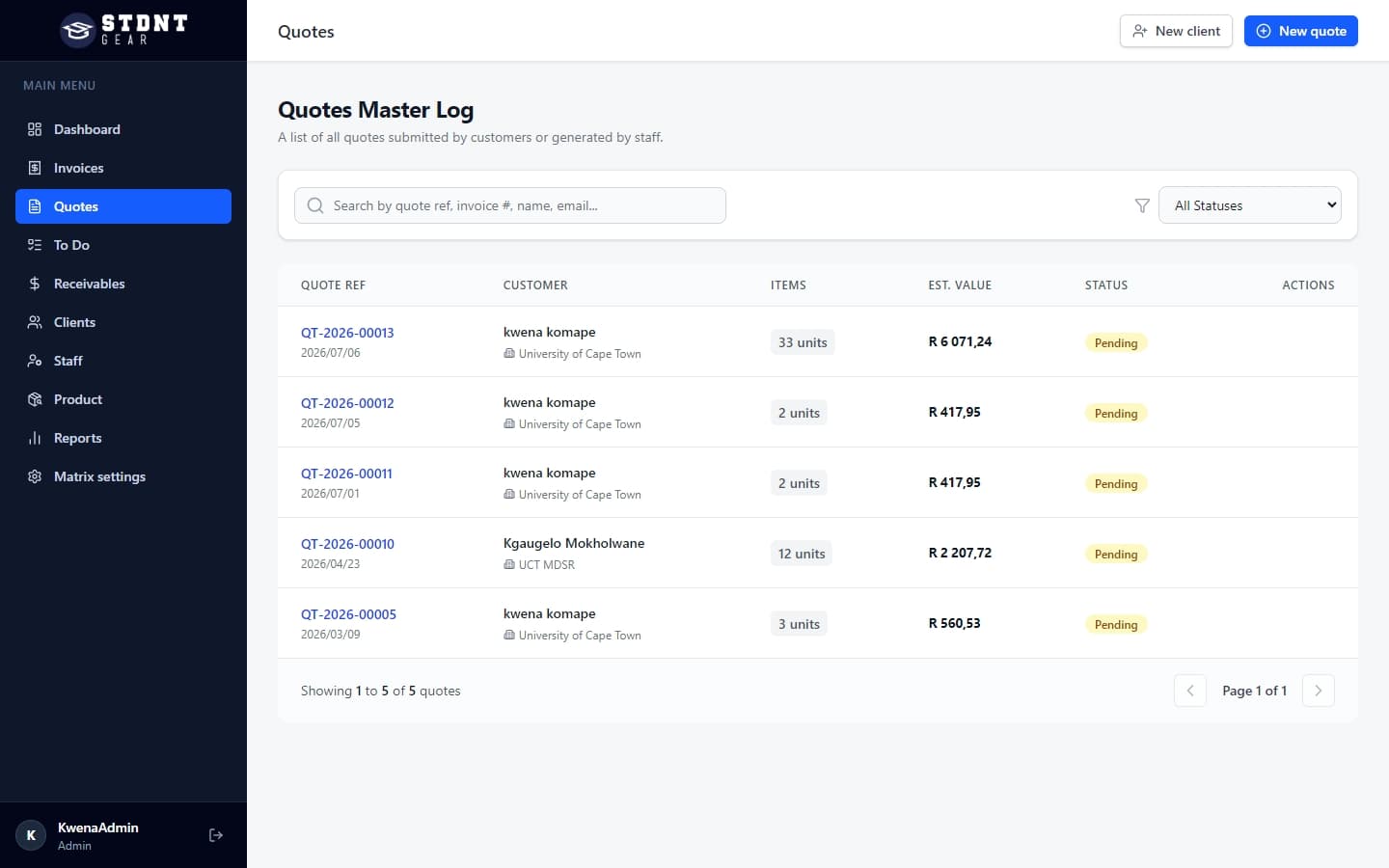 Quotes master log with pending quotes from university customers