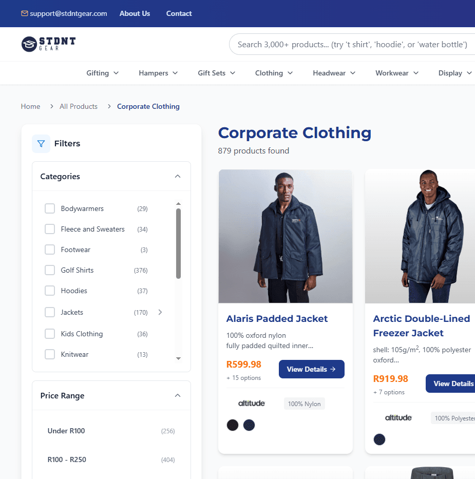 Product catalogue page with category filters, price range facets, and a grid of apparel products with live stock counts