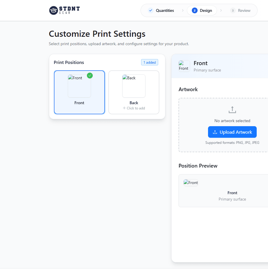 Quote builder design step showing print position selection (front/back) and an artwork upload panel