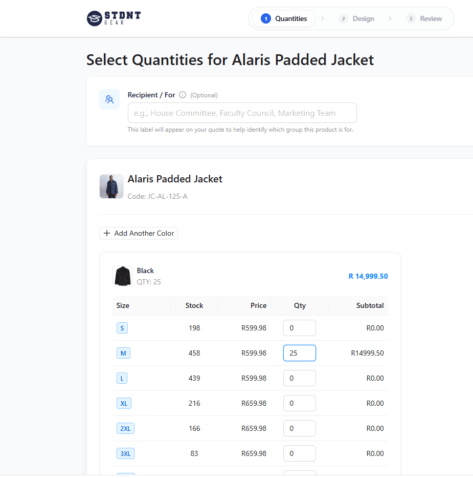 Quote builder quantities step showing per-size stock levels, unit price, and a live-calculated subtotal